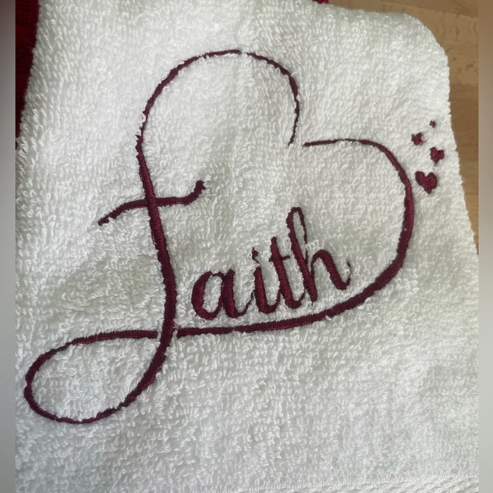 Embroidered Red and White Faith Heart Hand Towel Kitchen Towels NWOT 100% Cotton